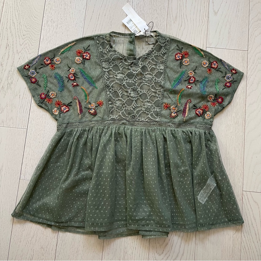 Zara semi sheer floral embroidery Swiss dot polka dots baby doll peplum top